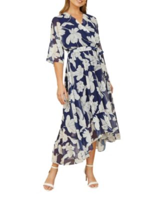 Women's Kimono Sleeves Midi Dip Hem Wrap Dress