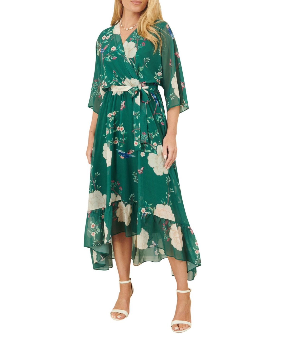 Yumi Women's Mesh Bird And Floral Print Midi Dress