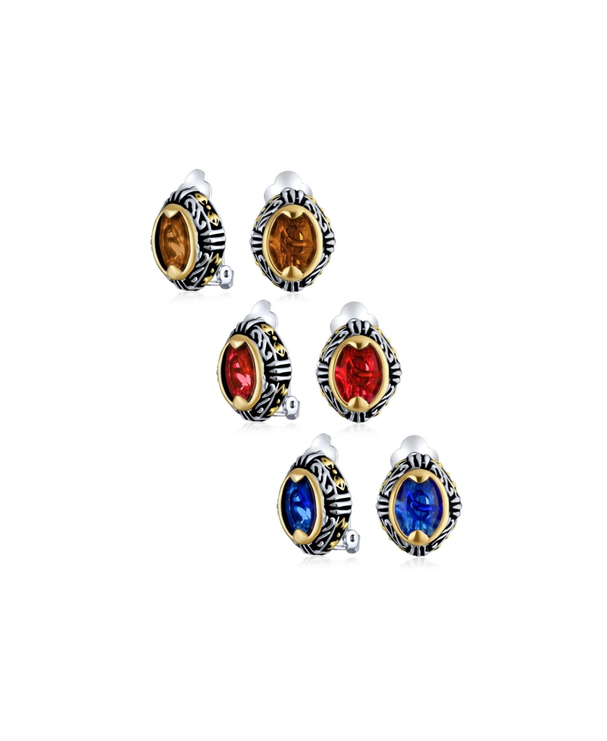Bling Jewelry Set of 3 Blue Orange Red Crystal Oval Bali Style Clip-On Earrings Non-Pierced