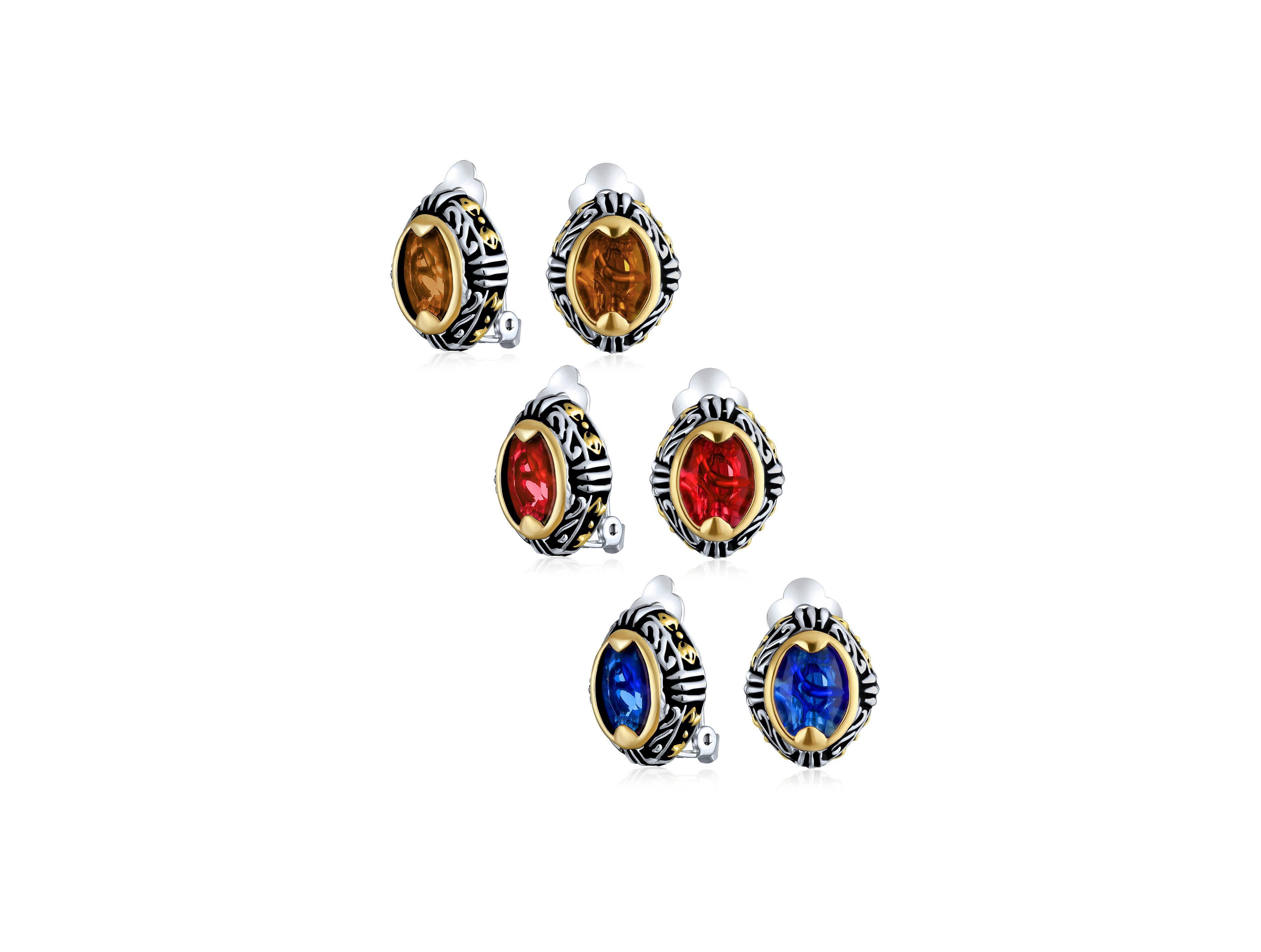 Bling Jewelry Set of 3 Blue Orange Red Crystal Oval Bali Style Clip-On Earrings Non-Pierced