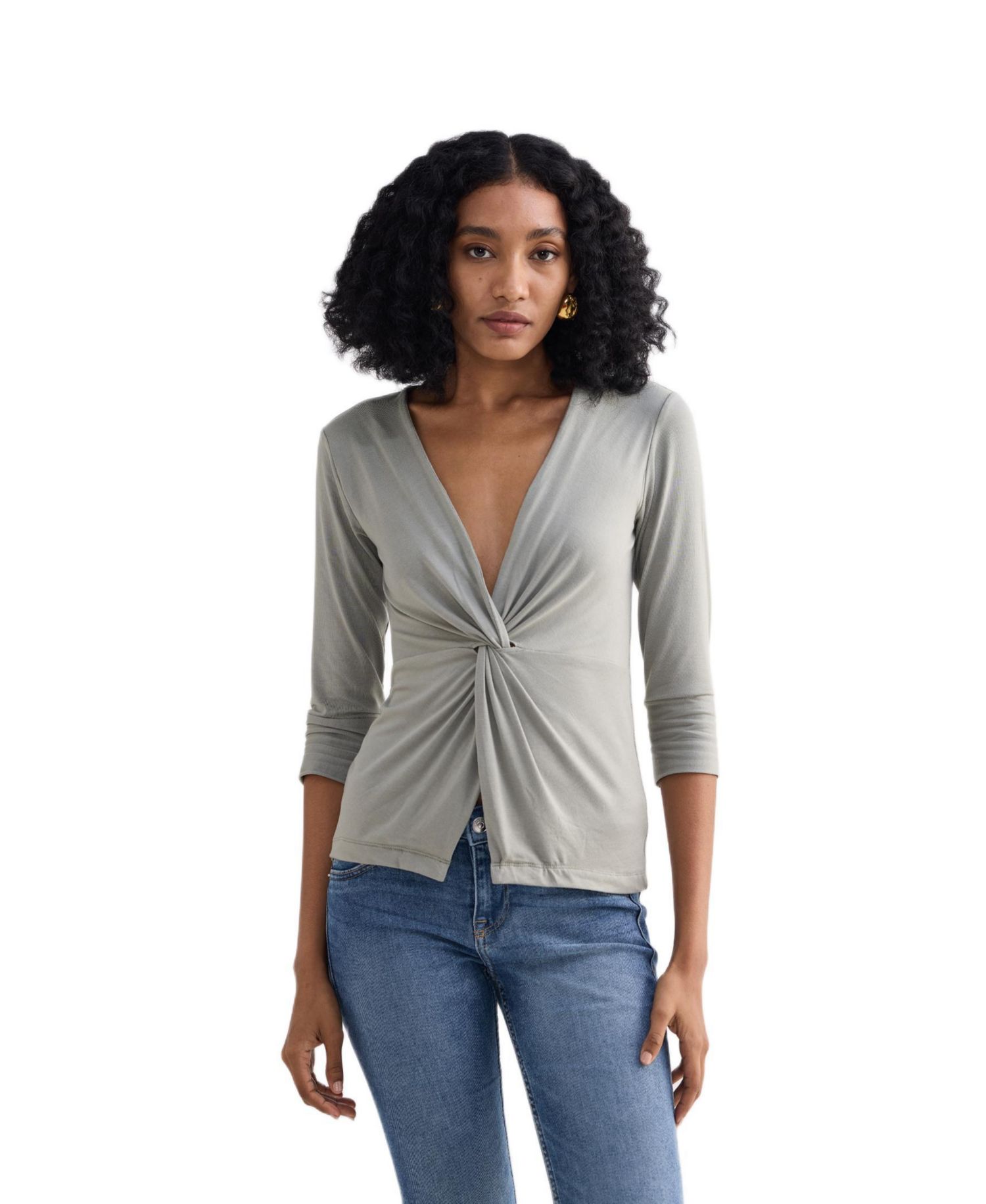 Women's Twist Front Knit Shirt in Light Olive