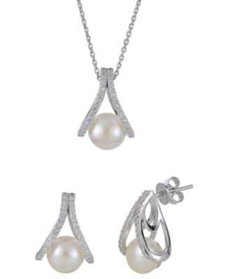 Macy's - 2-Pc. Cultured Freshwater Pearl (8-8.5mm) and Lab Created White Sapphire Earring and Pendant Necklace (0.507 ct. t.w.) Set in Sterling Silver