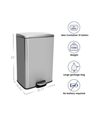 13.1 Gal./50 Liter Stainless Steel Step Trash Can with Soft-Close Lid, Rectangular Pedal Garbage Bin for Kitchen, Office, or Bathroom