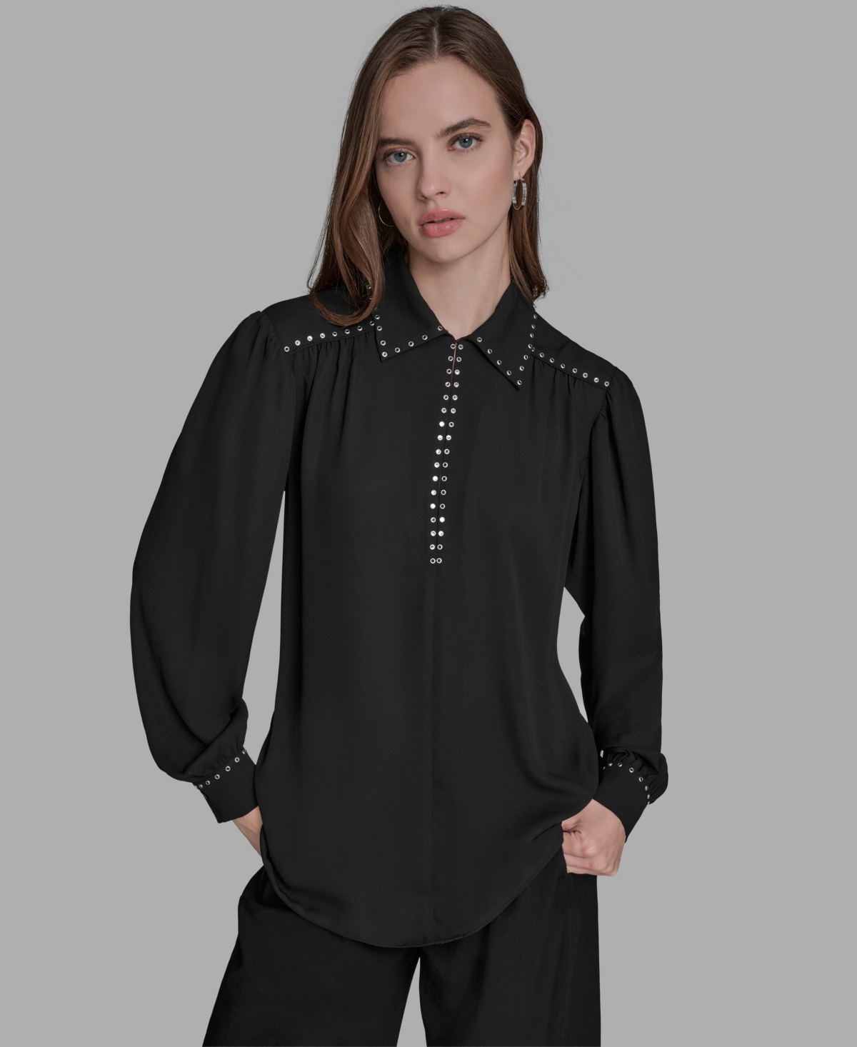 Bcbg Women's Long Sleeve Embellish Trim Top In Black