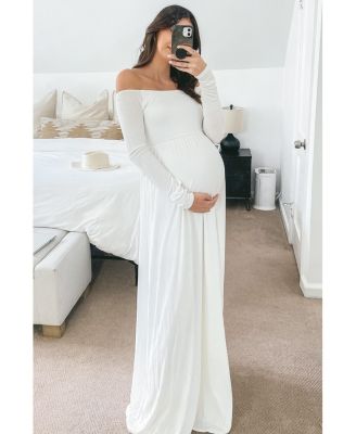 Maternity Pink Solid Off Shoulder Maxi Dress