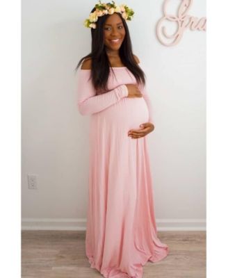 Maternity Pink Solid Off Shoulder Maxi Dress