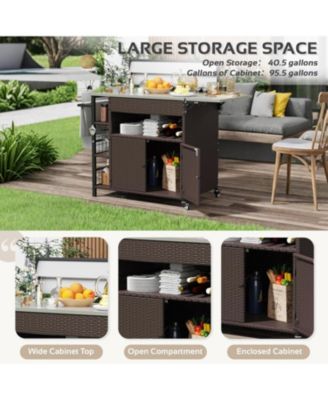 60" 1-Pc. Outdoor Bar Cart with Rattan Storage Cabinet and Steel Frame