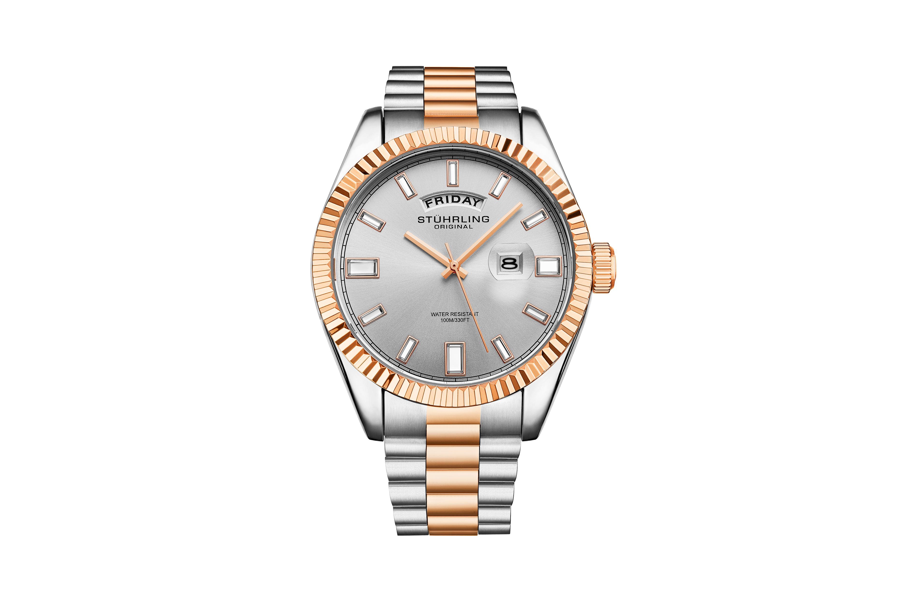 Stuhrling Statesman 4070 Men s Watch – Two-Tone Bracelet, White Dial, Day-Date Quartz, 42mm Fluted Bezel