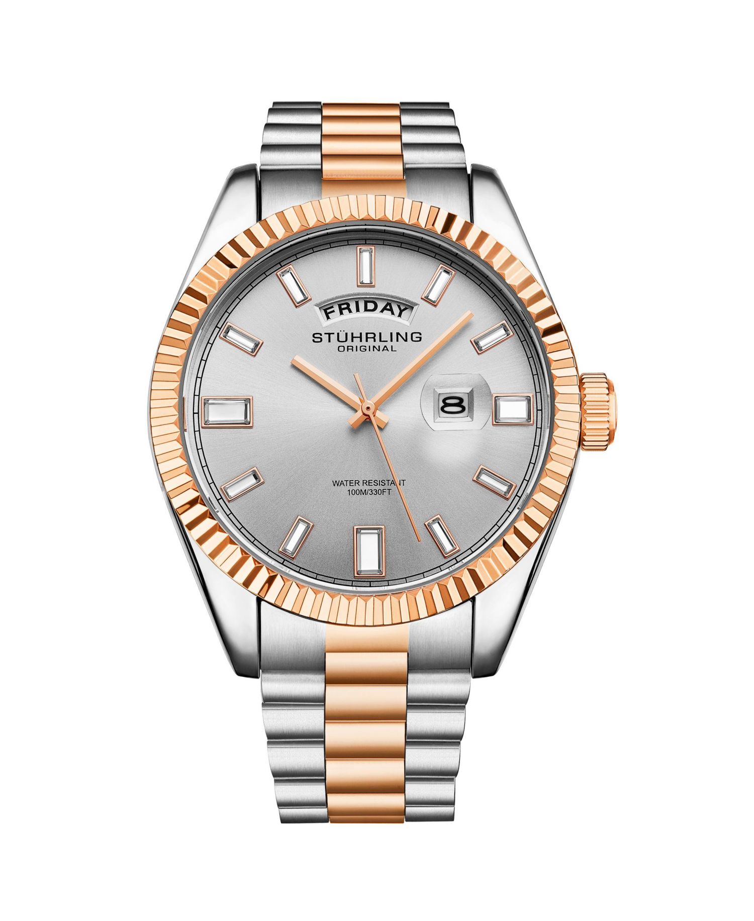 Statesman 4070 Men s Watch – Two-Tone Bracelet, White Dial, Day-Date Quartz, 42mm Fluted Bezel