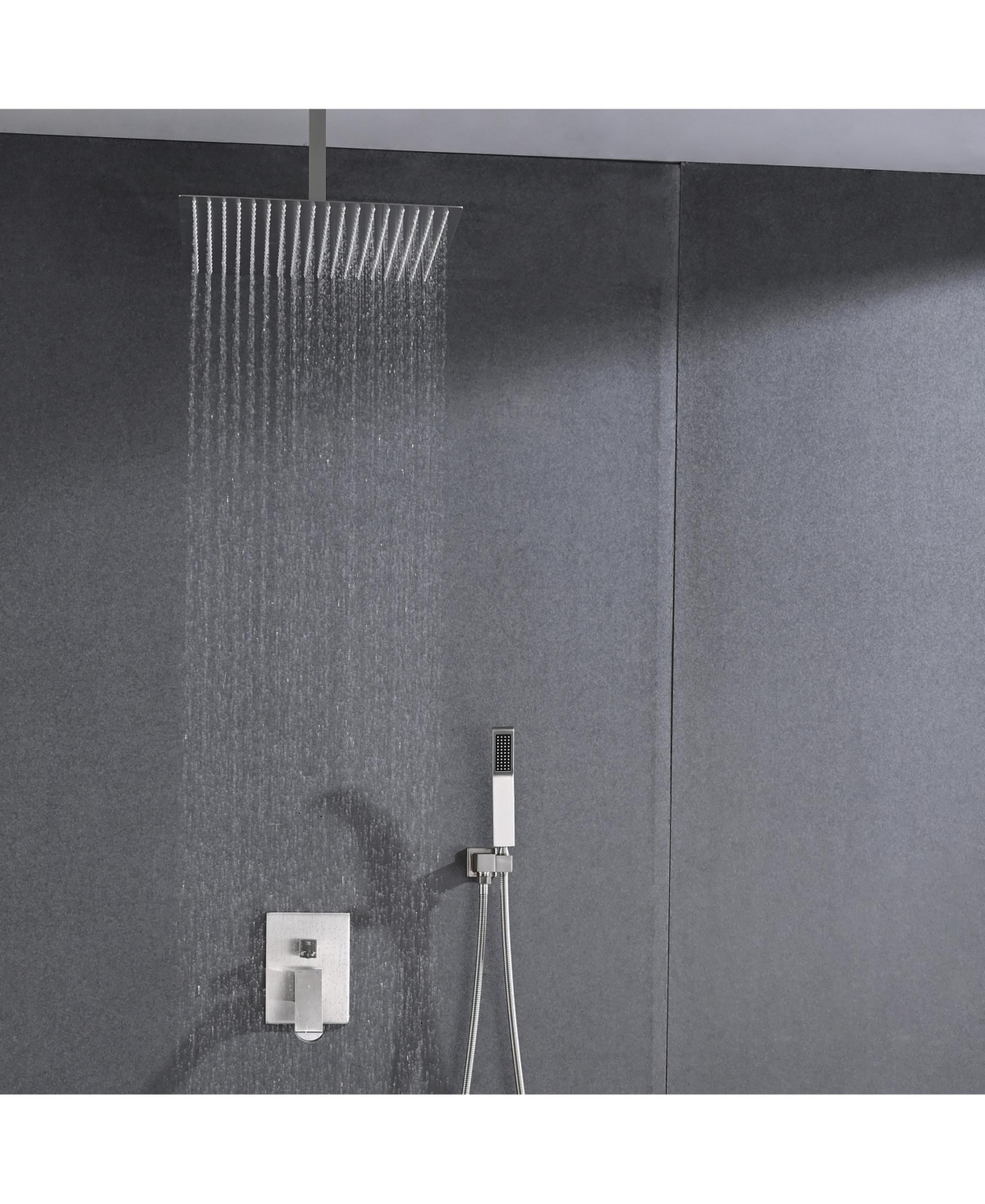 Rainsken Ceiling Mount Shower Faucet Set, Rain Mixer Shower Combo Set with Hand Shower, 16 inch Shower Head and Tub Spout, Brushed Nickel