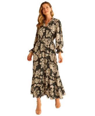 Vince Camuto - Women's Long-Sleeve Smocked-Waist Tiered Dress