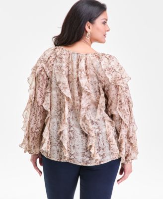 Plus Size Printed Long-Sleeve Ruffled Blouse, Macy's Exclusive 