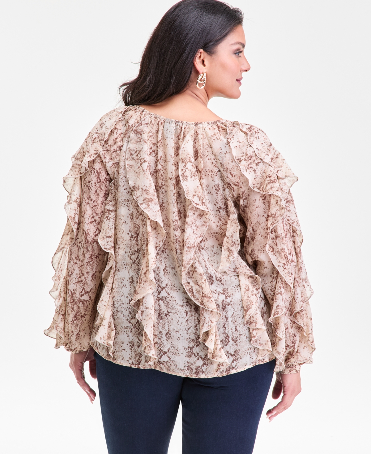 I.n.c. International Concepts Plus Printed Long-Sleeve Ruffled Blouse, Macy's Exclusive