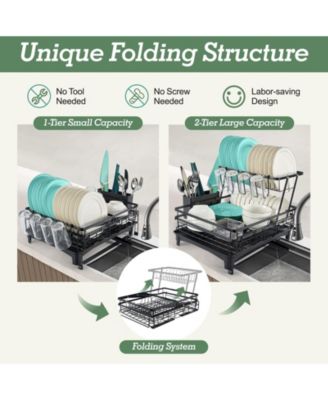 2-Tier Collapsible Expandable Dish Rack with Swivel Drain Spout and Rust-Resistant Stainless Steel Frame