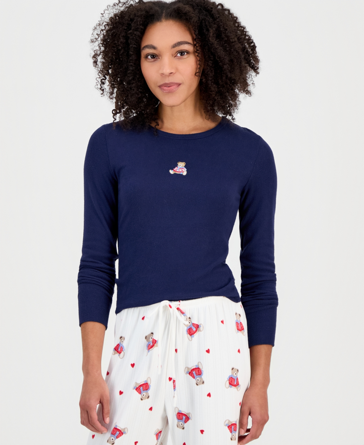 Hippie Rose Juniors' Ribbed Long-Sleeve Embroidered Top