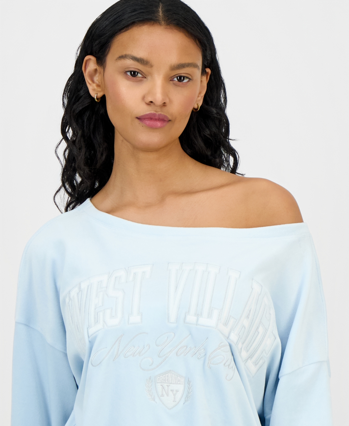 Grayson Threads, The Label Juniors' West Village Off-the-shoulder Velour Sweatshirt In Blue
