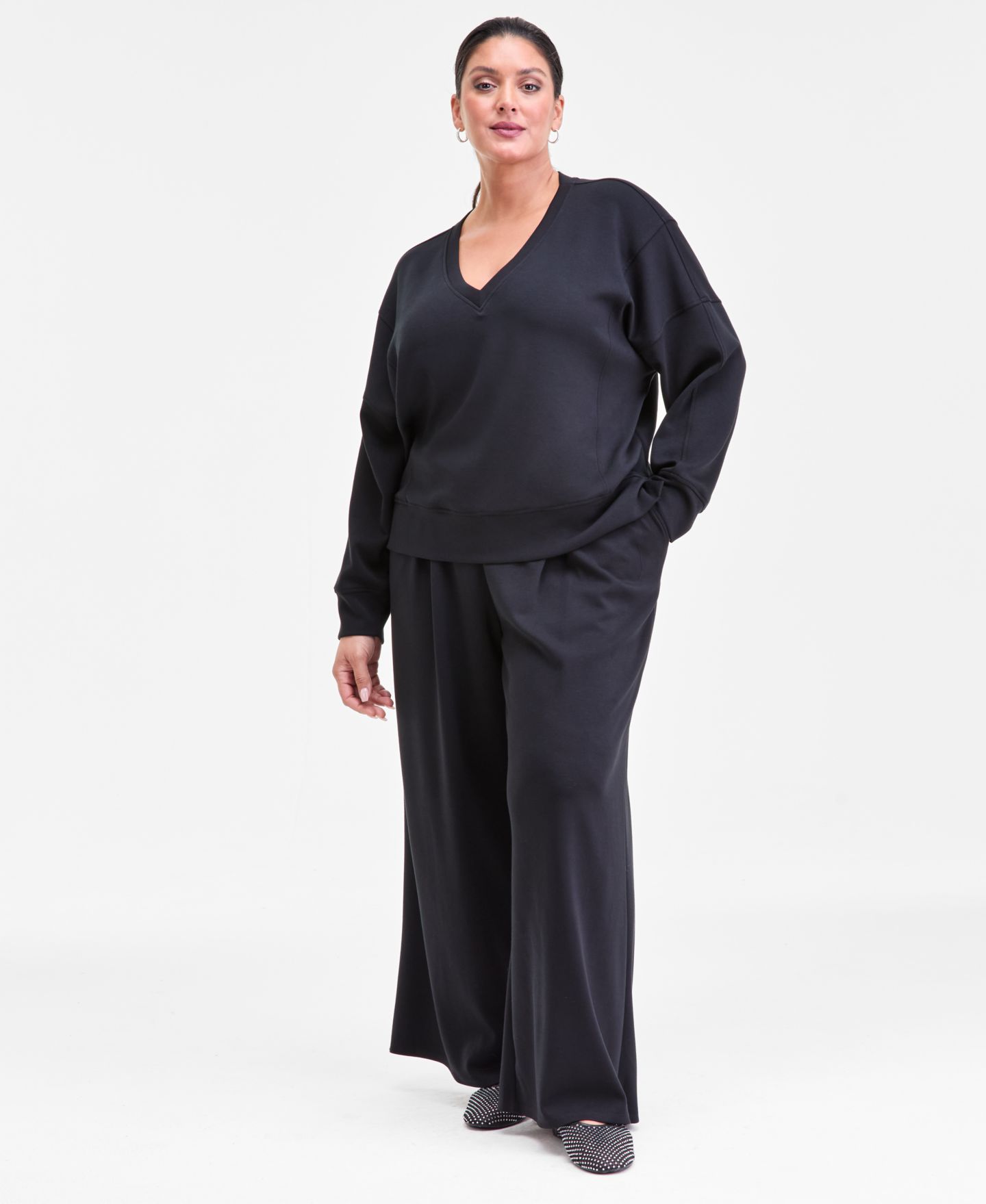 Женский топ I.N.C. International Concepts Plus Size V-Neck Knit Long-Sleeve Top, цвет: Глубокий чёрный — фото 2