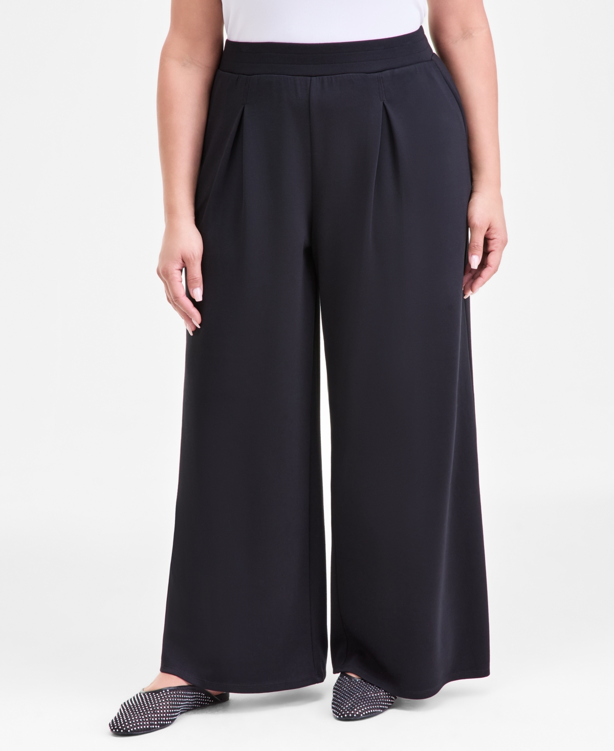 Inc International Concepts Plus Size Pull-on Wide-leg Knit Pants, Macy's Exclusive In Black
