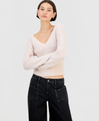 Planet Heart - Juniors' V-Neck Metallic Eyelash Long-Sleeve Sweater