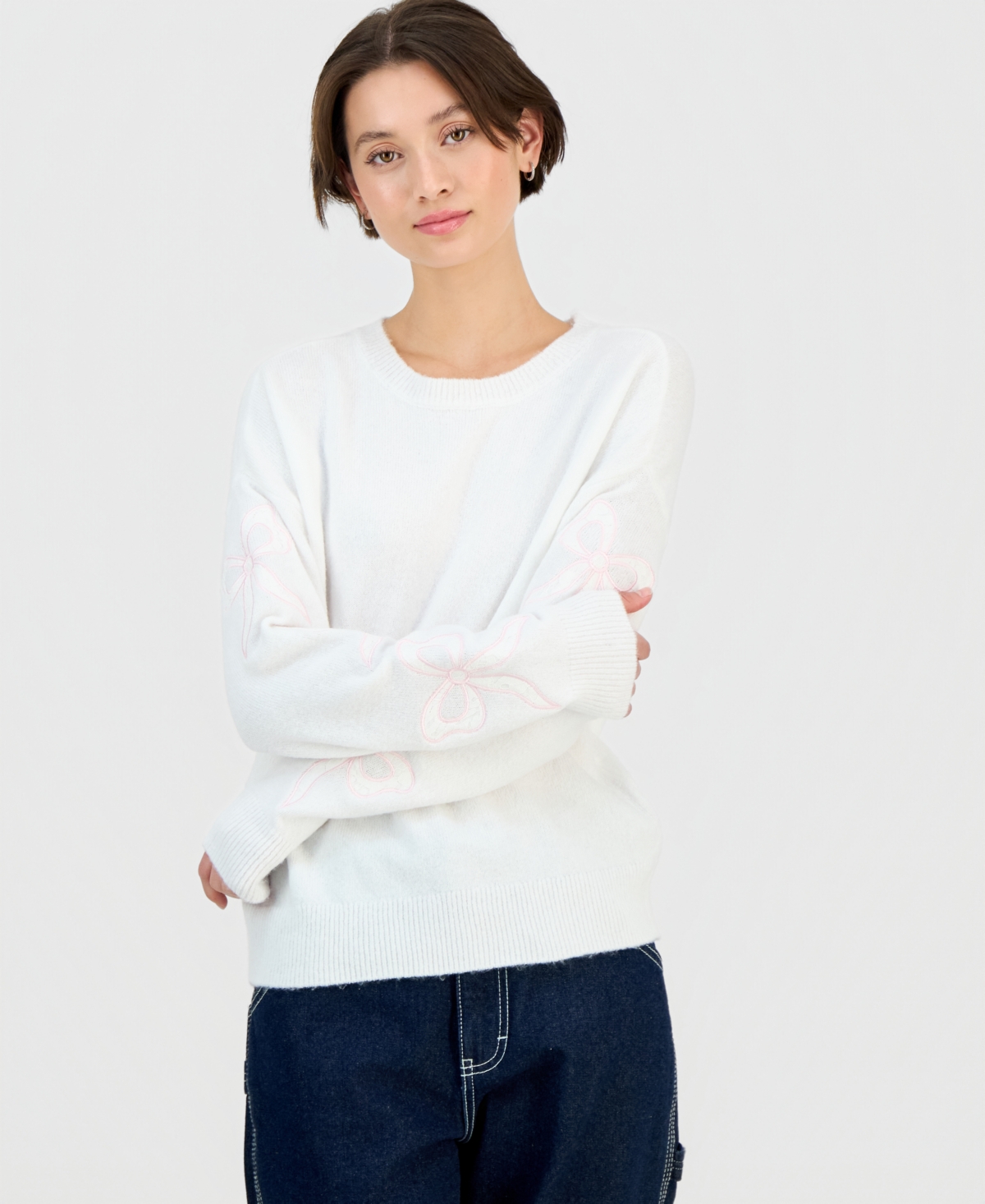 Planet Heart Juniors' Long-sleeve Drop-shoulder Lace Bow Crewneck Sweater In Gray