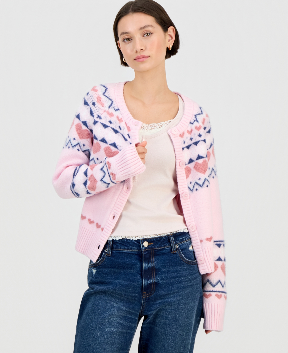 Planet Heart Juniors' Fair Isle Cardigan Sweater In Multi
