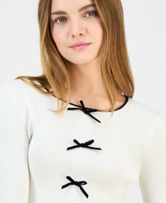 Juniors' Crewneck Bow-Trim Long-Sleeve Sweater 