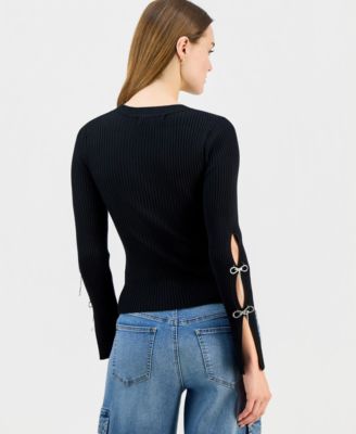 Juniors' Scoop-Neck Rhinestone-Bow-Trim Sweater 