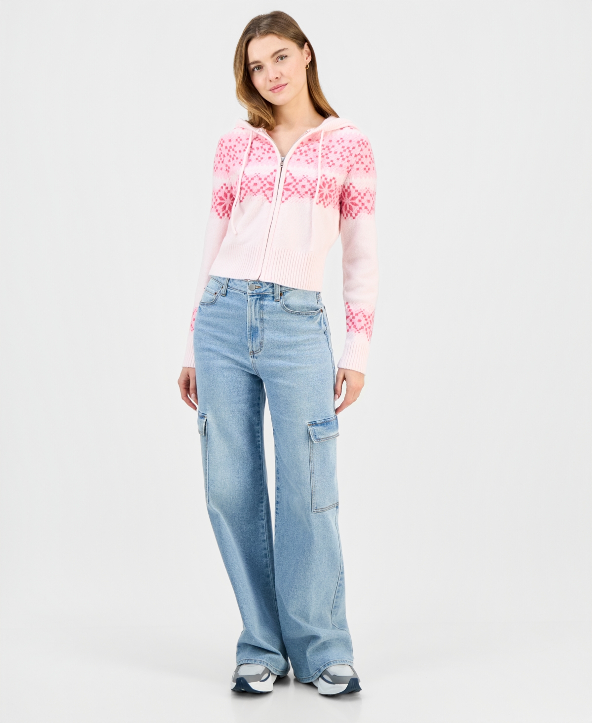 Madden Girl Juniors' Fair Isle Zippered Hoodie Sweater In Pink