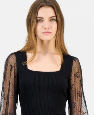 Juniors' Square-Neck Bow-Mesh Sleeve Top