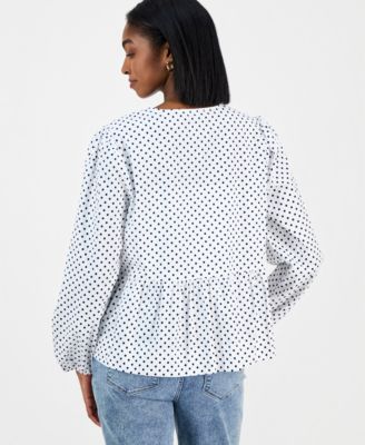 Women's Dot-Print Bow-Trim Cotton Peplum Blouse 