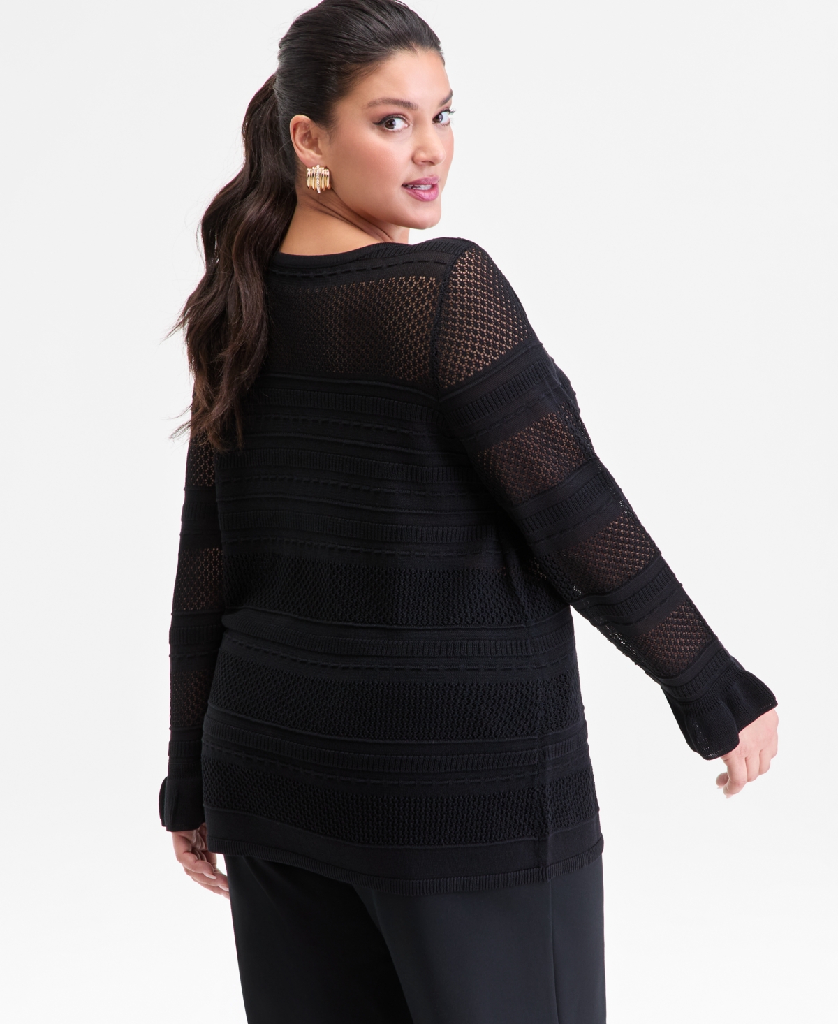Inc International Concepts Plus Size Boat-neck Pointelle Sweater, Macy's Exclusive In Black