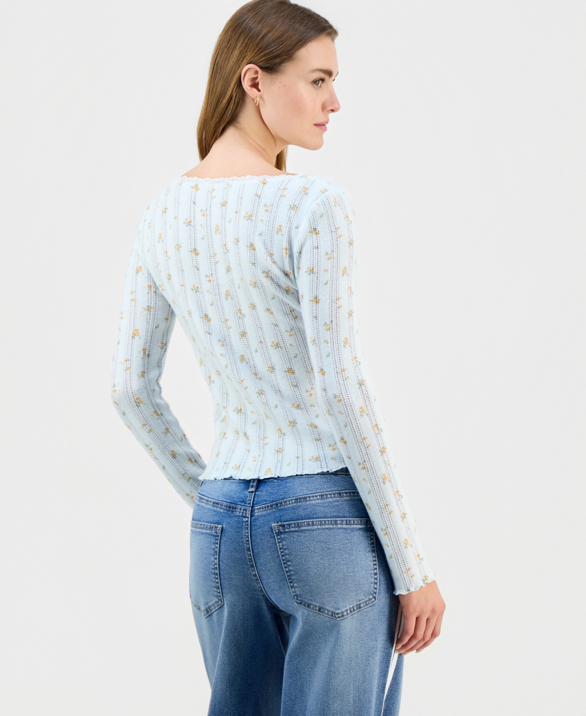 Madden Girl Juniors' Ditsy-Print Pointelle-Knit Top