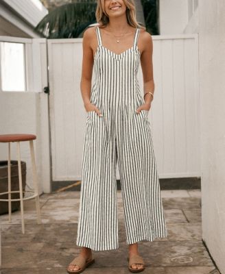 Women's Striped Smocked Cutout Back Wide Leg Jumpsuit
