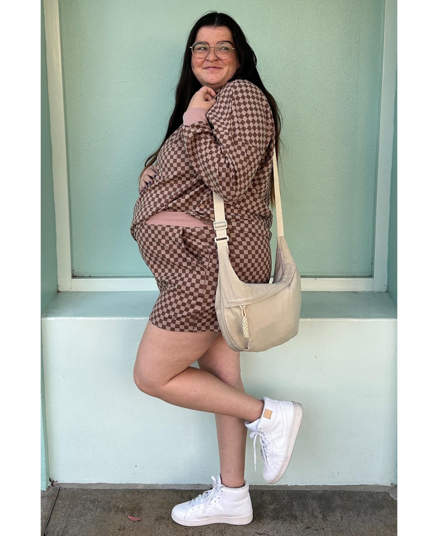 Women's Mocha Checkered Plaid Pullover Shorts Set