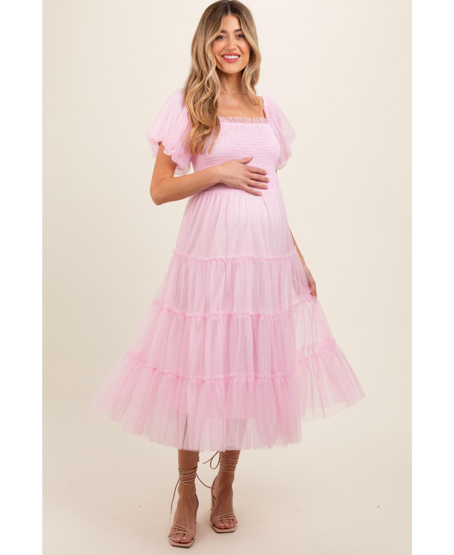 Women's Light Pink Smocked Tiered Tulle Midi Dress