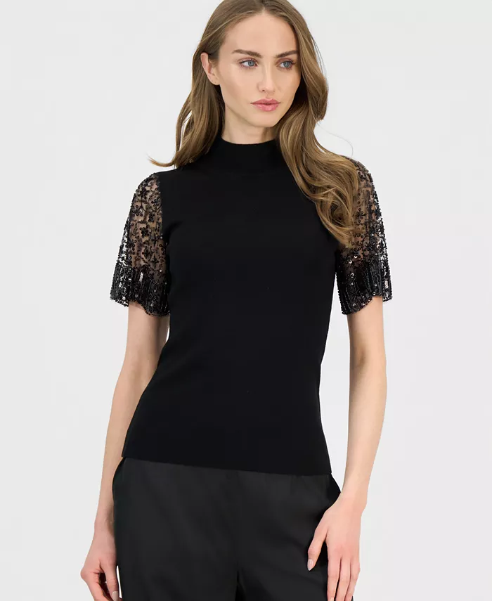 Women's Beaded-Sleeve Mock Neck Sweater - thumbnail 4