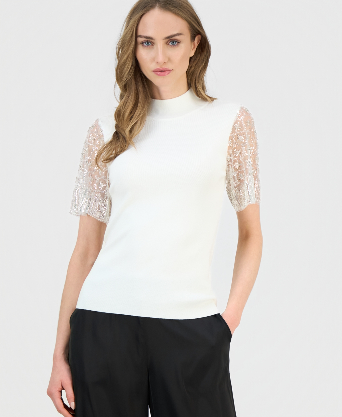 T Tahari Women's Beaded-sleeve Mock Neck Sweater In White
