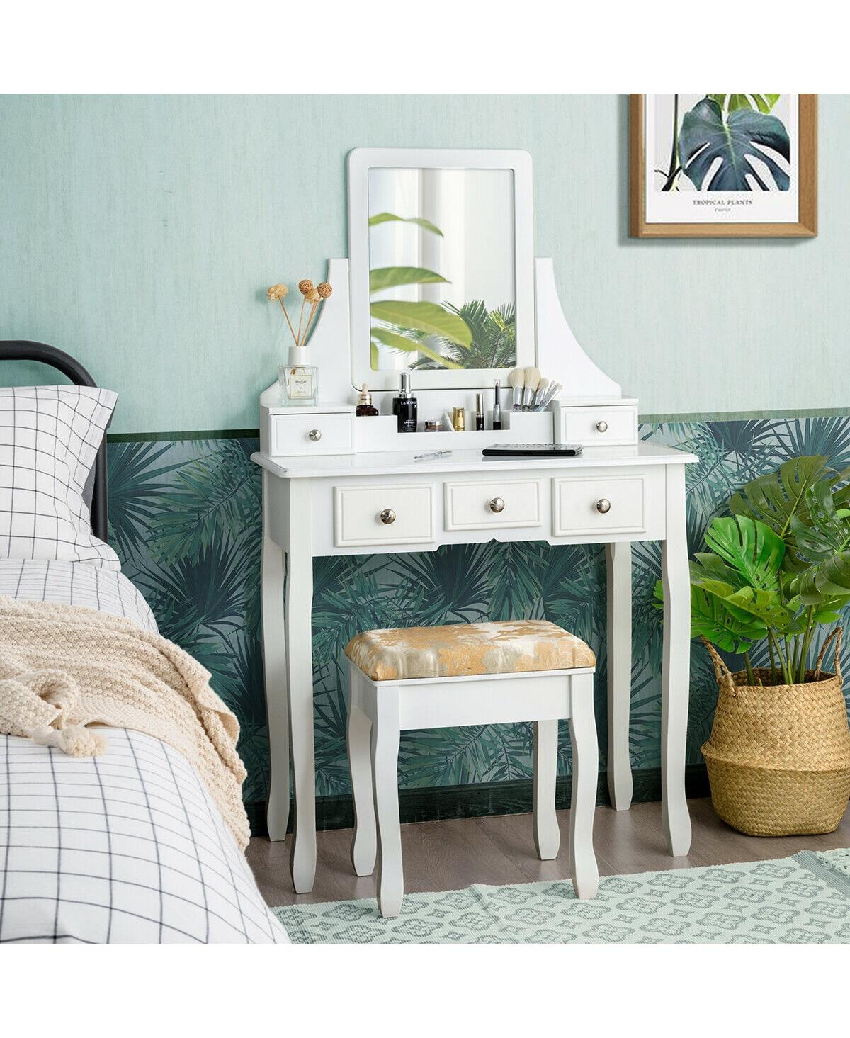 Makeup Vanity Set with Mirror and Cushioned Stool