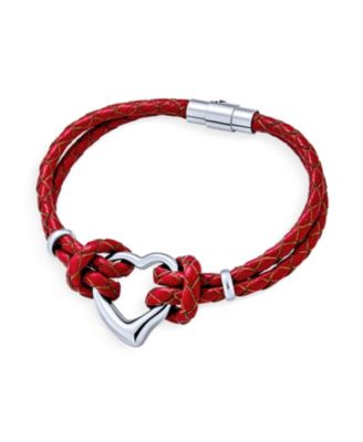 Set of 2 Red White Double Strand Braided Leather Bracelet Heart Charms Steel