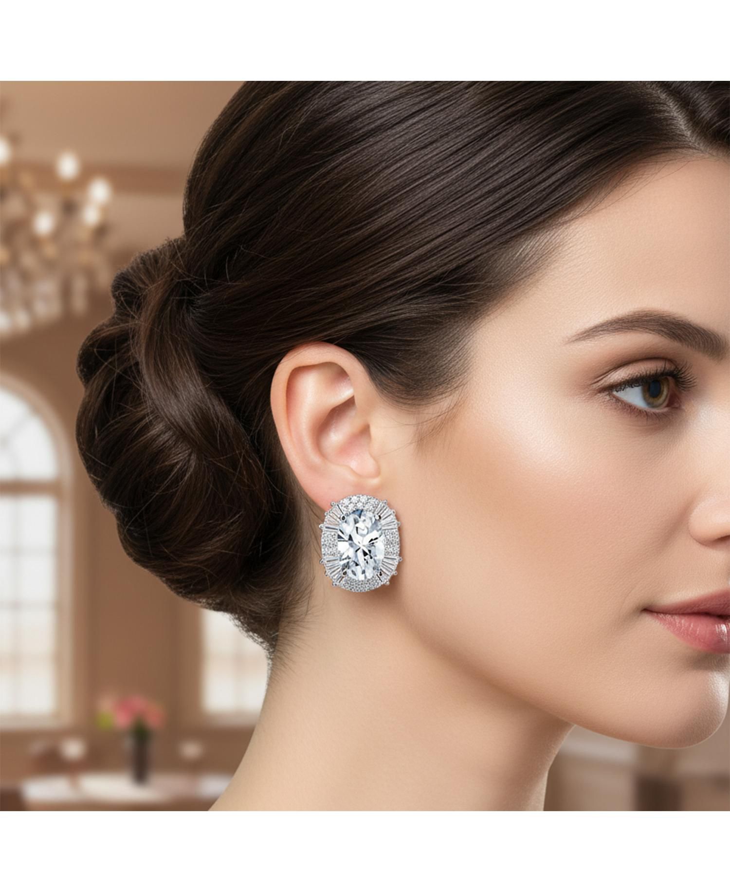 Art Deco Style Oval Baguette Halo CZ Cocktail Stud Clip On Earrings