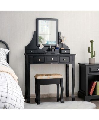Makeup Vanity Set with Mirror and Cushioned Stool