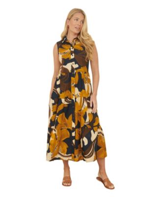 Women's Cotton Leaf Midi Sleeveless Shirt Dress