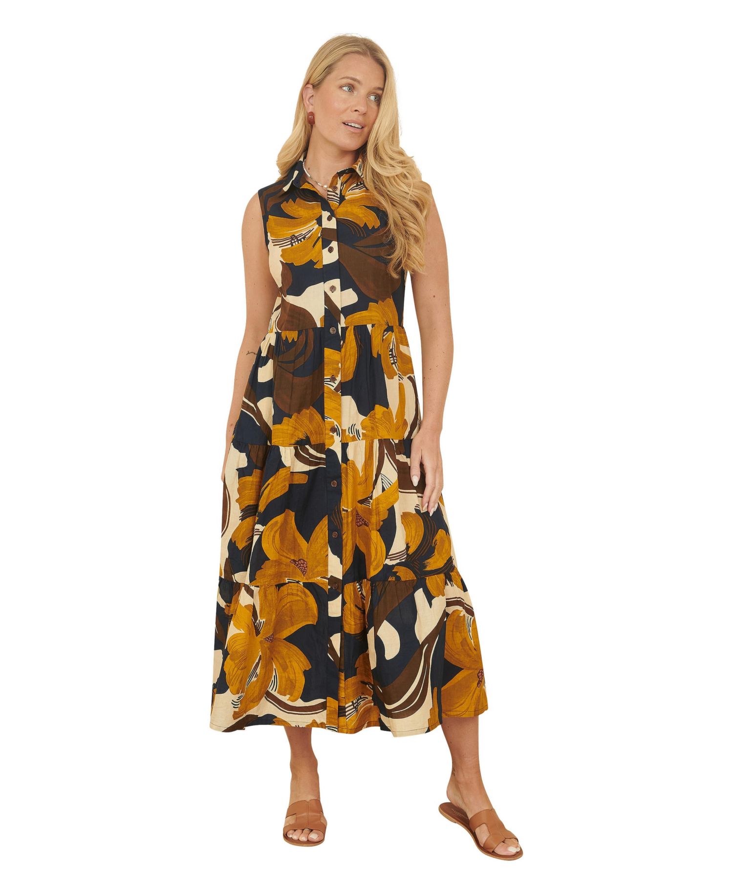 Women's Cotton Leaf Midi Sleeveless Shirt Dress