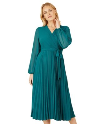 Women's Long Sleeved Pleated Midi Wrap Dress