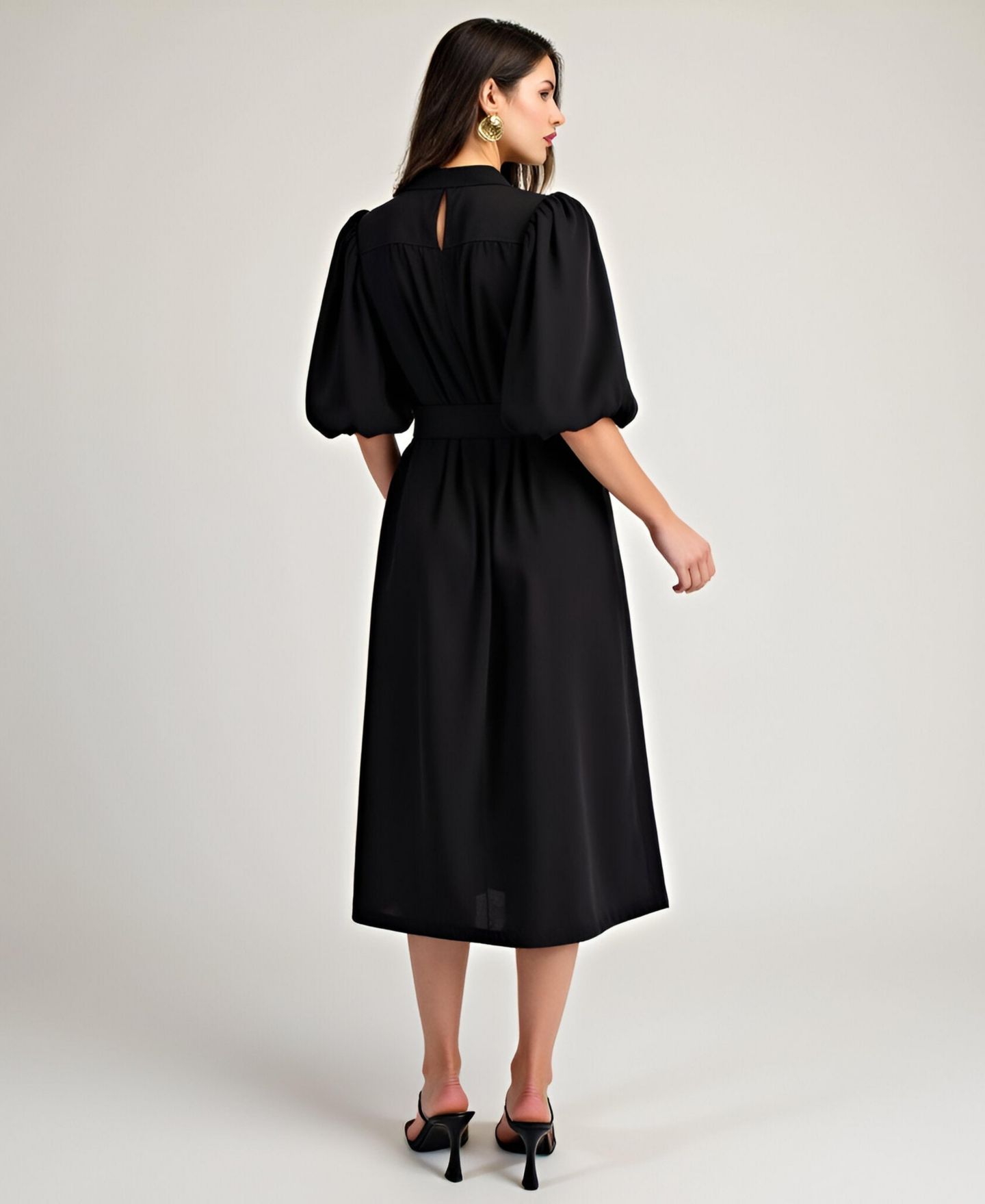 Женское платье Modenaire Lark Puff Sleeve Self-Tie Midi, цвет: Чёрный — фото 2