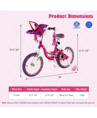 14 Inch Kids Bike with Doll Seat and Removable Training Wheels for 3-7 Years Old