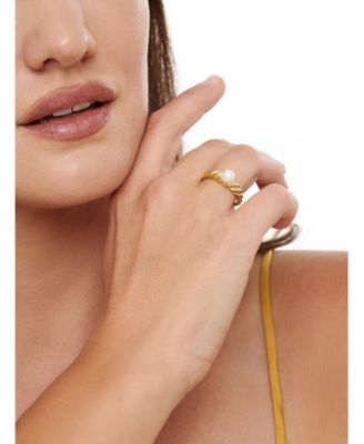 Freshwater Pearl on Rope Ring in Gold Plated Sterling Silver, Size 9