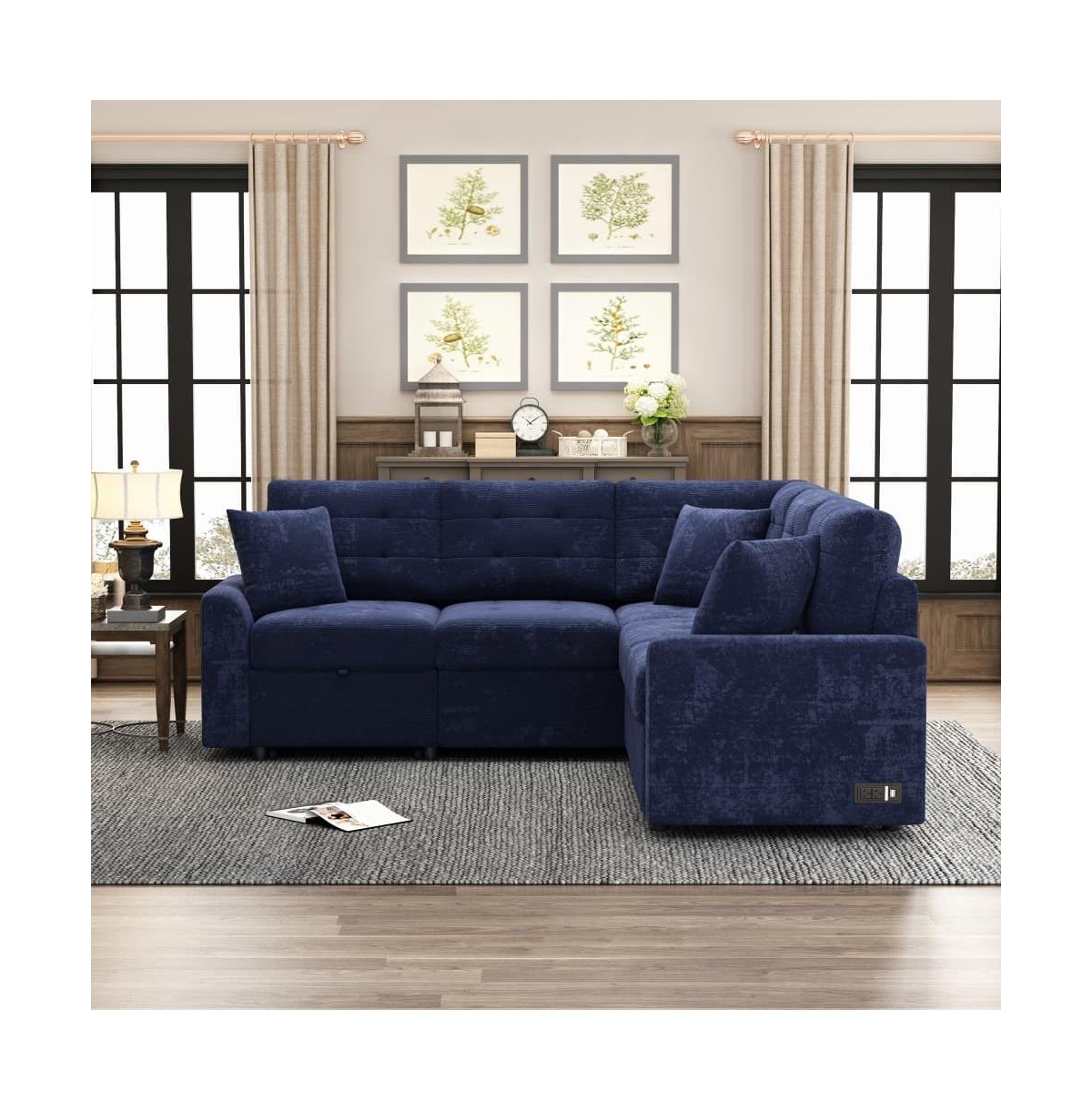 Maison Boucle 82.6" L-Shaped Pull Out Sleeper Sofa with Usb Ports, Power Outlets & Wheels, Modular Sectional Sofa Bed for Living Room