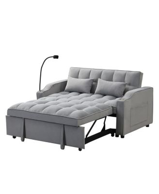Tufted Convertible Loveseat Sleeper Sofa with Pull-Out Bed, USB Charging & Cup Holders, Space-Saving 3-in-1 Design