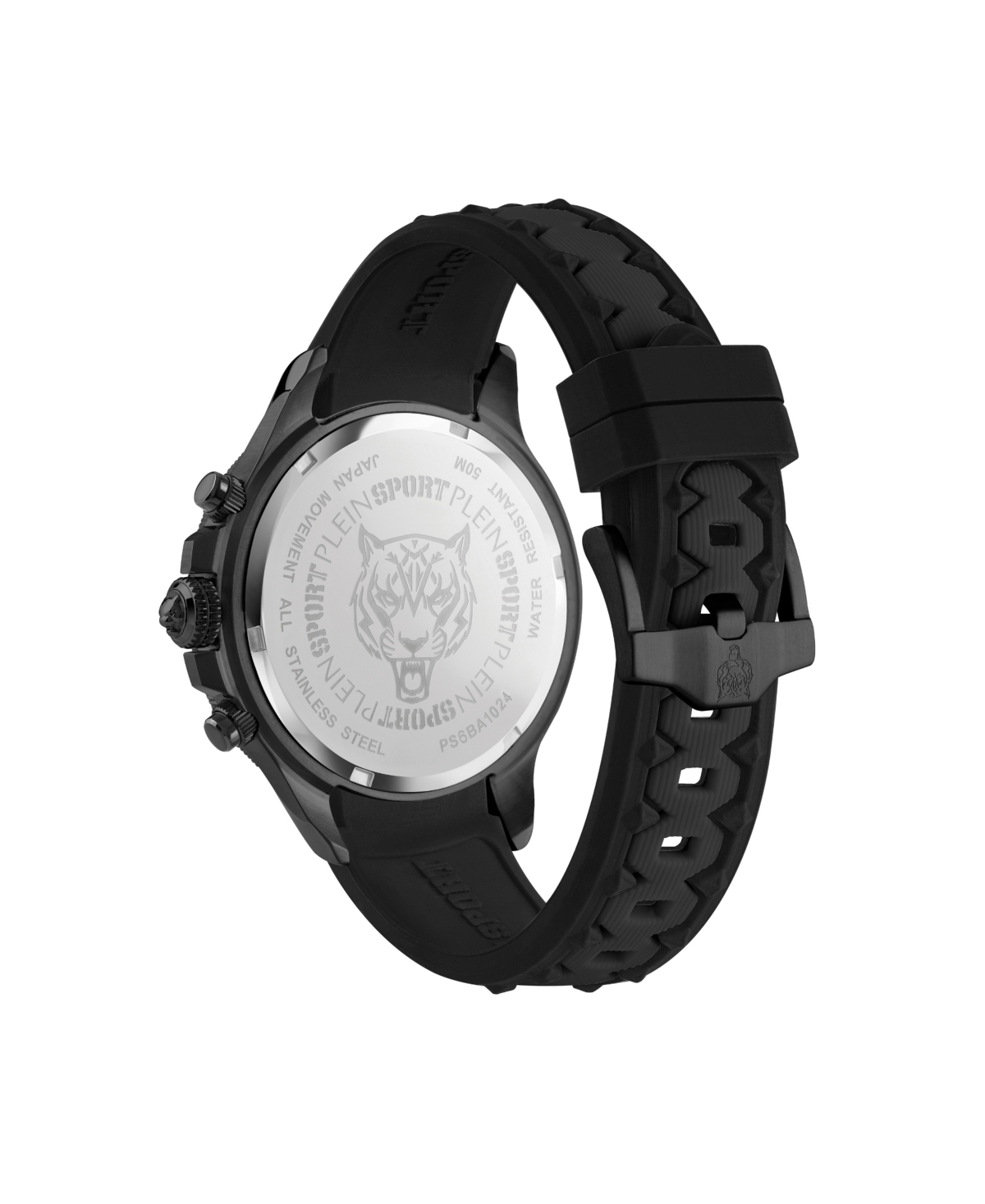 Plein Sport Mens Warrior Tech Chronograph Date Quartz Black Silicone Strap 47.5mm